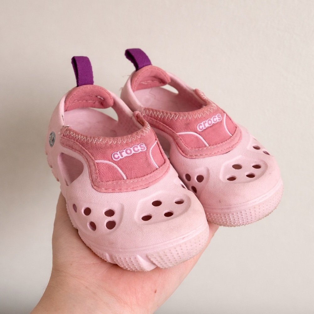 CROCS Kids Pink Water Clogs with Purple Heel Tab